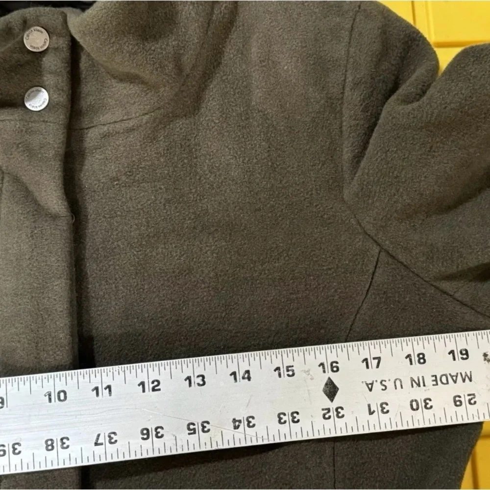 Calvin Klein Angora Wool Blend Trench Coat Olive Green Sz L Mob Wife Mock Neck‎